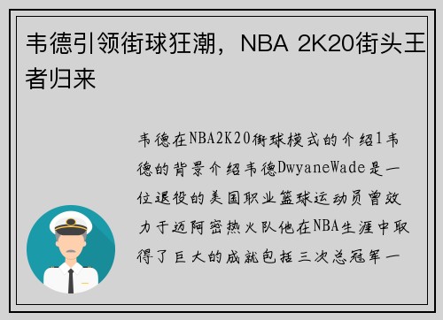 韦德引领街球狂潮，NBA 2K20街头王者归来